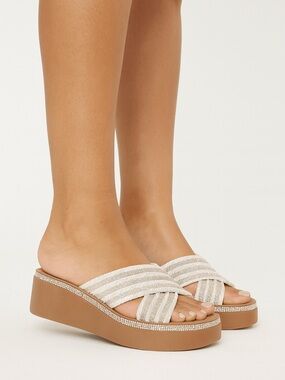 Beige Strappy Platform Slide Sandals - Women's